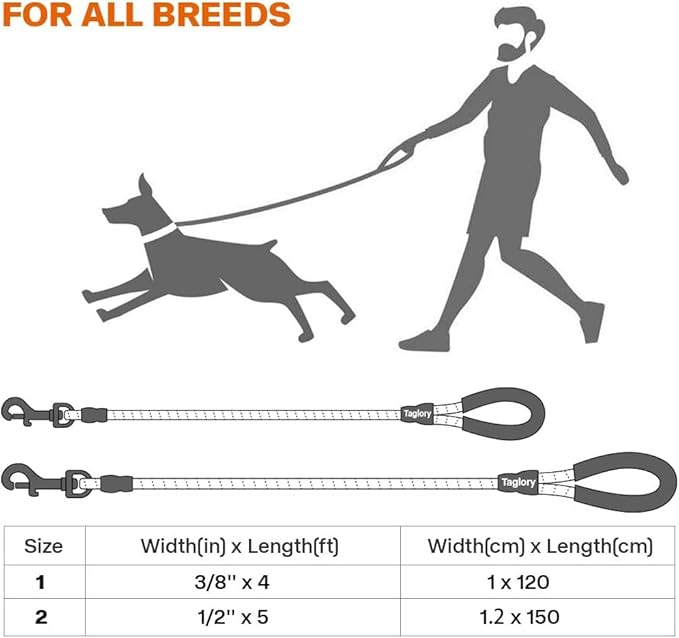 Taglory Rope Dog Leash 5 FT with Comfortable Padded Handle, Highly Reflective Threads Leash and Anti-Tangle Clip for Walking Medium Large Dogs, 1/2 inch, Black