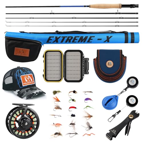 Maxcatch Extreme-X Fly Fishing Rod and Reel Combo, 3-8wt Complete Starter Fishing Outfit with Fly Box, Flies, Rod Clip Holder, Rod Case, Extra Tip Section - size: 5wt-9' 4pc Rod, 5/6wt Reel