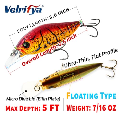 Flat Sided Japanese-Style Crankbait Elfin Shad – Medium Diving Bass Fishing Lure, Hard Bait Shad Crankbait for Freshwater Velrifya - color: 03-Neon Perch