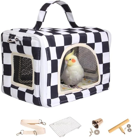 Bird Travel Carrier with Perch Parakeet Carriers with Net, Pad Mat, Feeder Portable Pet Carrier Bag for Bird Transparent Travel Carrier Cage for Budgie Conure Cockatiel (Black and White)