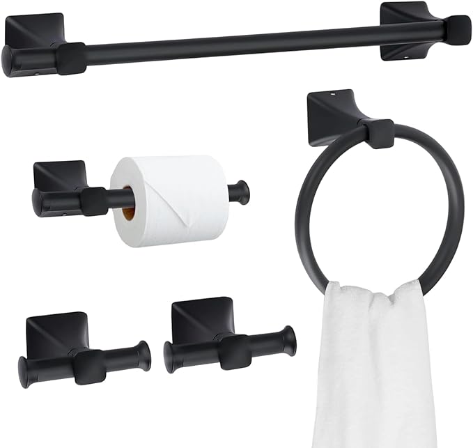 Matte Black Bathroom Hardware Set 5-Pieces, SUS304 Stainless Steel Bath Towel Bar Set Wall Mounted, Including Hand Towel Bar,Towel Ring, Toilet Paper Holder, 2Pcs Robe Towel Hook
