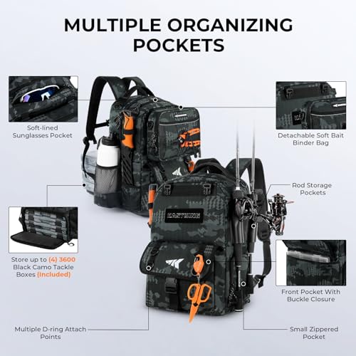 KastKing BaitSpace Fishing Tackle Backpack with Removable Bait Binder,2 Rod Holders Storage Fishing Gear and Equipment - color: B: Black Camo, size: With (4) 3600 tackle boxes