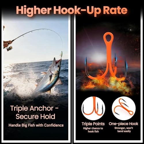 FishTrip Treble Hooks, 10Pcs Replacement Hooks Orange for Hard Lures | High Carbon Steel Ultra Barbed Sharp Triple Fishing Hooks for Saltwater Freshwater Bass Trout walleye, Pike Size 14-3/0 - size: 1#_10pcs