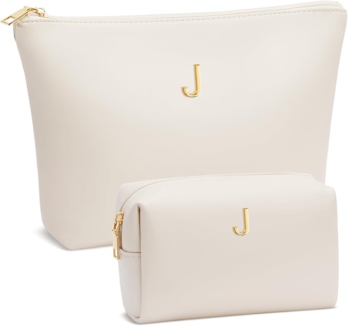 Valentine's Day Gifts for Women Girlfriend Initial Makeup Bag for Teen Girls Personalized Gifts for Friend Teacher Mom Wife Cosmetic Travel Toiletry Bag(Beige,J)