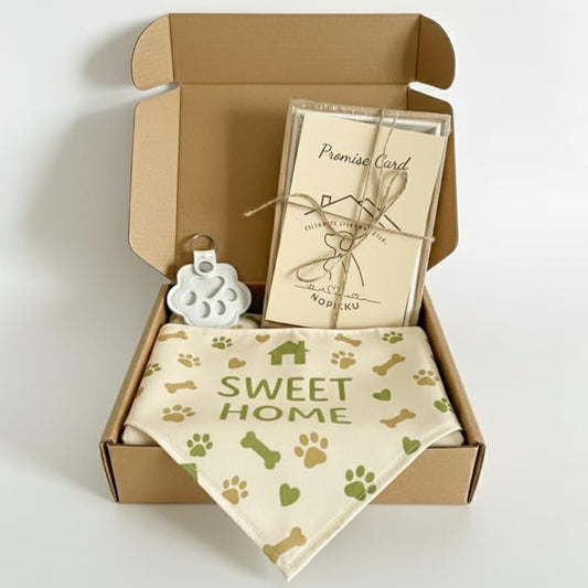 Sweet Home Pet Welcome Gift Box for New Dog Owners, Keepsake Set with Bandana, Paw Print Name Tag, Promise Card & Photo Frame, Thoughtful Gift for Puppy Adoption
