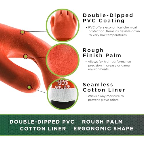 SHOWA Atlas 620 Double-Dipped PVC Chemical Resistant Gloves, Rough Finish Grip, Seamless Cotton Liner - size: Small, style: Single Pair