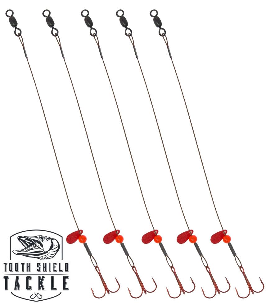 Tooth Shield Tackle Ice Fishing Tip Up Leader Rig (90 lb) Ice Fishing Sucker Walleye Pike Musky Predator Rig (5 Pack) (Camo/Red Bead/Flipper) Made in the USA - size: Hook Size: 2