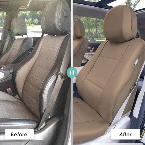 FH Group Car Seat Covers PU Leather 3 Row 7 Seater Car Seat Covers, Airbag Compatible and Split Bench - Fit Most Car, Truck, SUV, & Van Solid Tan - color: Beige, style: 7 Seater