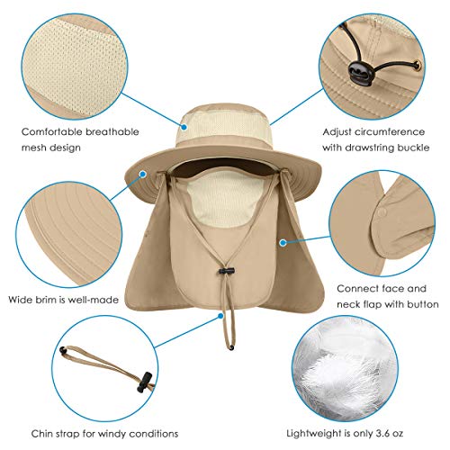 IYEBRAO Mens Outdoor Sun Hat with Face Neck Flap UV Protection Wide Brim Fishing Hat for Hiking Safari Gardening UPF 50+ - color: 2 Pack-light Gray & Khaki
