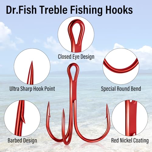 Dr.Fish 50 Pack Treble Fishing Hooks, Red Round Bend Triple Grip Saltwater Freshwater High Carbon Steel Fish Hooks for Catfish Bass Trout Replacement Hard Baits Lures - size: #8-50 Pack
