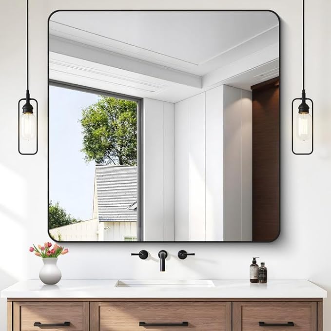FORBATH Bathroom Mirror 42x42 Inch, Large Square Vanity Mirror with Black Aluminum Frame Rounded Corner, Wall Mounted Mirror for Bathroom Bedroom Entryway Living Room Home Decoration