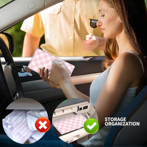 Leather Car Registration and Insurance Card Holder, Cute Car Accessories Vehicle Glove Box Car Organizer for Documents, Cards, License Cute Pink Checkerboard - color: Cute Pink Checkerboard