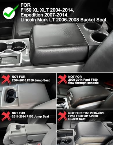 Center Console Cover for Ford F150 XL XLT 2004-2014, Expedition 2007-2014, Lincoln Mark LT 2006-2008, PU Leather Armrest Lid Protector, Anti-Scratch, Black (Fits Bucket Seat Console Only) - size: Bucket Seat, 04-14 F150 XL XLT, black stitch
