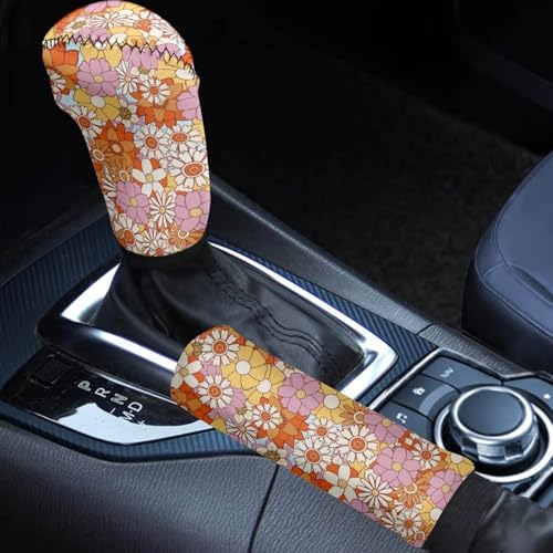 Bulopur Car Shifter Gear Hand Brake Trim Cover Set for Most Cars Van SUV Sedan Truck Auto Accessories - color: Boho Hippie Flower Print