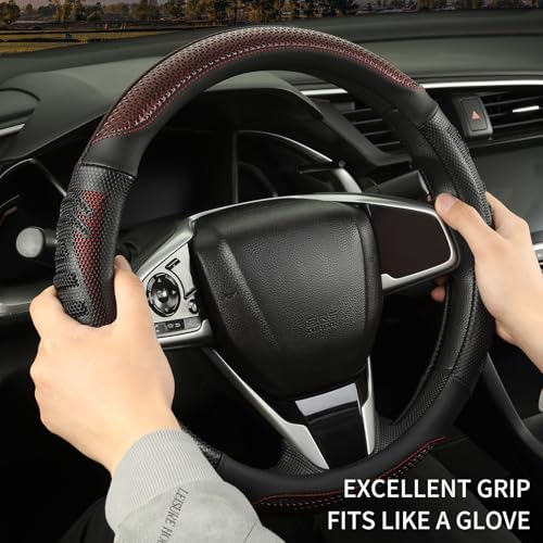 3D Steering Wheel Cover Great Grip with 3D Honeycomb Hole, Anti-Slip Sporty Design, Universal 15 inch(Black with Burgundy) - color: Black with Burgundy, size: Round-Middle[14.5''-15'']