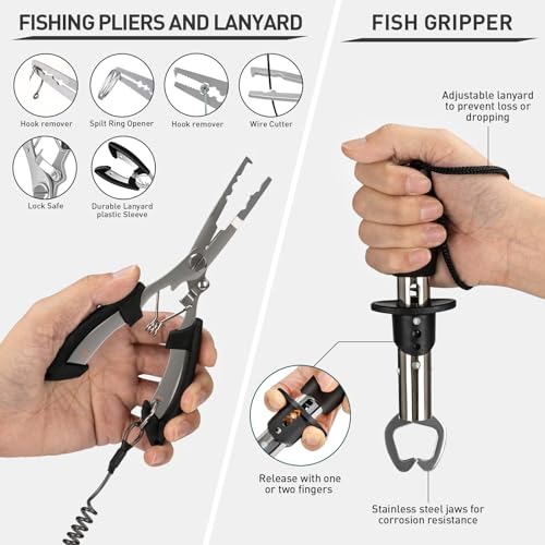 THKFISH Fishing Tool Kit, Backpack and Tackle Box with Tackle Included Lures Hooks Sinkers Accessories Kit,Pliers, Fish Lip Gripper, Fishing Gear and Fishing Gift for Men - color: Black-462pcs