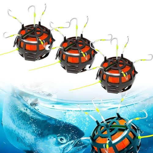 Reverse Bottom Bait Cage Fishing Hook, 360° Floating Bait Cage Fishing Hook, 6-Hooks Carp Feeder Rig, Spring Baits Cages Trap Fishings Hooks, Freshwater Saltwater for Carp, Catfish, Tilapia(3PCS,No. 8 - color: 3pcs, size: No. 8