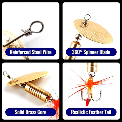 Trout Spinnerbait Lures Inline Rooster Tail Fishing Kit Brass Spinner Baits with Smooth Rotation Flash Blade for Bass Pike Crappie Saltwater Freshwater Lake River 360 Balance Hook - color: 1/32 oz