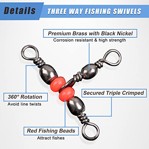 SILANON 3 Way T-Turn Barrel Swivels Fishing Tackle,40pcs Brass Barrel Triple Swivel Cross Line 3 Way Barrel Fishing Connector with Red Fishing Beads for Freshwater Saltwater Test 20-100LB - size: 5*7# 40pcs