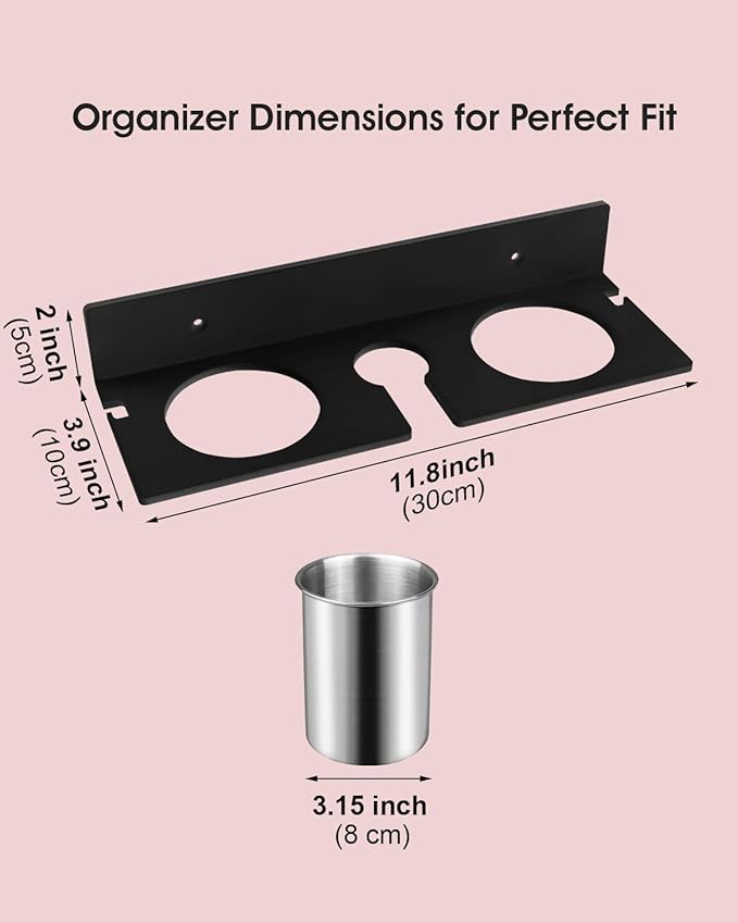Hair Tool Organizer, Hair Dryer Holder with Heatproof Steel Cups, Acrylic Vanity Organizer for Curling Iron, Flat Iron & Hair Brushes, Perfect for Bathroom (Black, Compact)