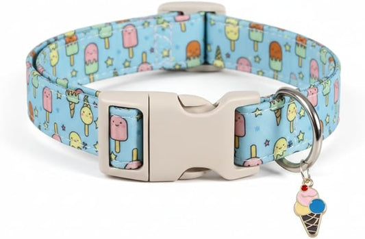 Blue Dog Collar for Large Dogs, Boy Girl Dog Collar with Ice Cream Pattern for Spring Summer, Breathable Adjustable Large Collars for Male Female Dogs, L