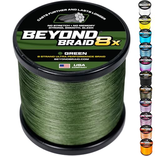 Beyond Braid Braided Fishing Line -Super Strong - Abrasion Resistant - No Stretch -Blue Camo, Moss Camo, White, Green, Pink, Blue, 4 Strand 8 Strand - color: Green 8X - No Fade, size: 20LB (2000 Yards)