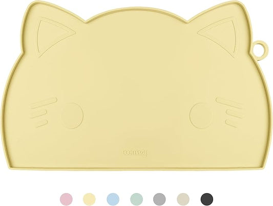 Coomazy Cat Food Mat, Thicker Dog Feeding Mat for Food and Water, Waterproof Non-Slip Silicone Mat for Floor, Dog Food Mat with Raised Edge to Prevent Food Spills and Water Runoff (Yellow, Medium)