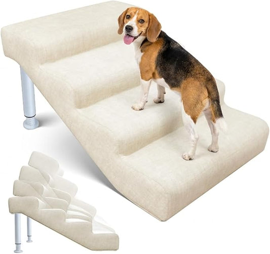 Adjustable Dog Stairs & Ramp for Cats and Dogs, 4-Step Pet Stairs for High Beds and Couch, 14.5"–17.7" Height, Linen Faux Leather, Waterproof, Scratch-Resistant, Non-Slip Indoor Pet Ramp