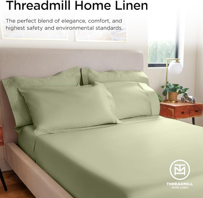 Threadmill 100% Cotton Sheets for Twin XL Size Bed - 600 Thread Count Twin XL Bed Sheets Set with 15” Deep Pocket - Sateen Weave 3-Piece Bedding Set with Cooling Effect, Sage Green