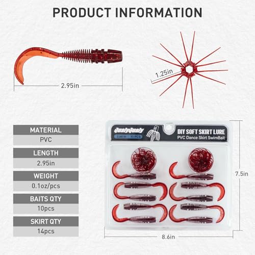 QualyQualy Soft Fishing Lures Soft Plastic Kit with Skirt 10pcs Soft Bait Grub for Bass, Crappie Wacky Worms Baits Set 2.95" for Texas Carolina Rig Kit - color: Red -20pcs