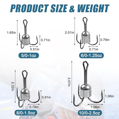 Snagging Hooks Snagging Weighted Treble Hooks 5pcs Large Weighted Fishing Hooks for Baitfish Tuna Swordfish Trout Salmon Fishing 4 Sizes 1oz 1.25oz 1.5oz 2.5oz - size: 8/0-1.5oz-5pcs