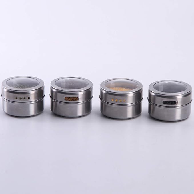 12 Magnetic Spice Jar Containers Spice Tins - Wall Mounted Stainless Steel Base - Easy to Install