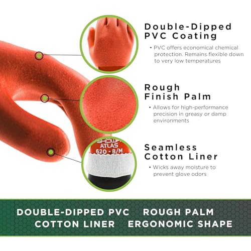 SHOWA Atlas 620 Double-Dipped PVC Chemical Resistant Gloves, Rough Finish Grip, Seamless Cotton Liner - size: XX-Large, style: Vending 12-pack