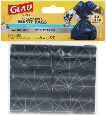 Glad for Pets Extra Large Scented Dog Poop Bags, Heavy Duty Tear-Resistant Pet Waste Pickup Bags with Fresh Scent, Easy-Tie Handles for Walking, Camping, Travel, 90 Count