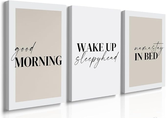 GUBIYU Bedroom Prints Set of 3, Above Bed Decor, Good Morning Namastay in Bed