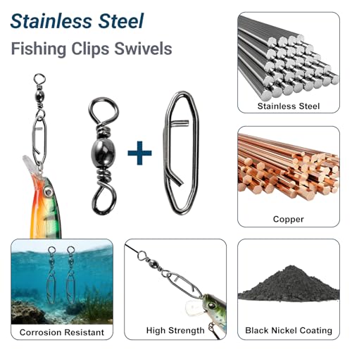 Atibin Saltwater Freshwater Snap Swivels Stainless Heavy Steel Fishing Clips Swivel Barrel Clip Fishing Snaps Rolling Speed Change Black Nickel - size: Size 2+M (73lb) 50 pcs