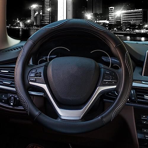 Valleycomfy Leather Steering Wheel Covers Universal 15.75 inch -Breathable, Anti Slip & Odor Free (Black with White Lines,L(15" 1/2-16")) - color: White, size: L(15"1/2-16")