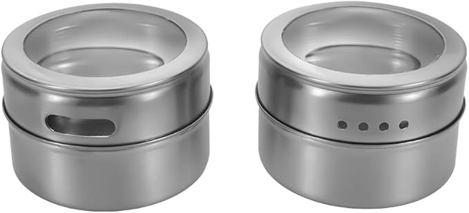 12 Powerful Magnetic Spice Tins- Stainless Steel Spice Storage Containers, Kitchen Spice Jars with Clear Lid with Sift & Pour, Rack Magnetic on Fridge, 120 Spice Labels