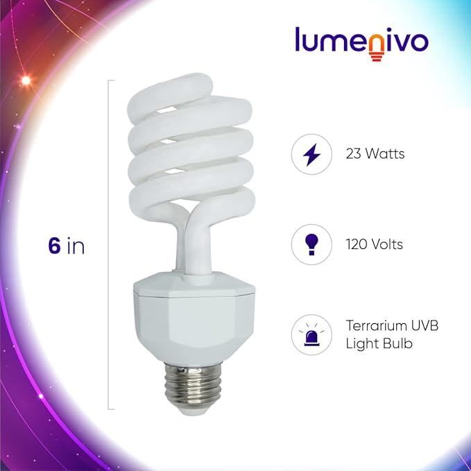 lumenivo 23 Watt UVB Reptile Light 5.0 23W Spiral Reptile Heat Terrarium Light Bulbs for Turtles, Gecko, Tortoise, Snake, Lizard, Chameleons, and Insects - 120V - 2 Pack