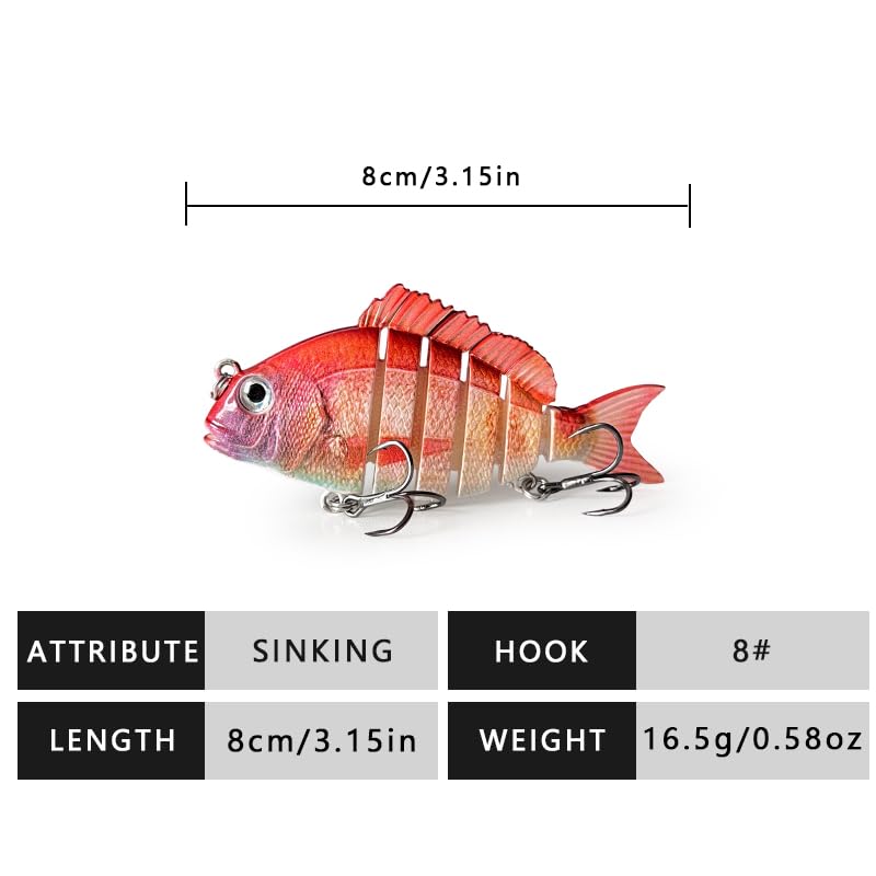 3pcs Multi-Jointed Panfish Bluegill Swimbait Hard Sinking Bass Fishing Lure with Sharp Treble Hooks, Lifelike Fishing Lures for Bass Trout Walleye Crappie, Amazing Swimbaits Gift - color: 06-3.15inches