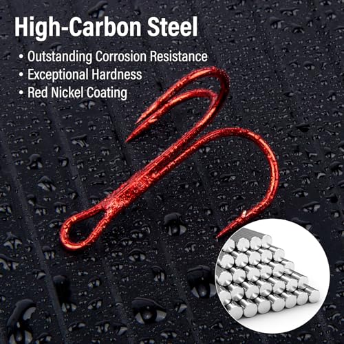 Dr.Fish 50 Pack Treble Fishing Hooks, Red Round Bend Triple Grip Saltwater Freshwater High Carbon Steel Fish Hooks for Catfish Bass Trout Replacement Hard Baits Lures - size: #12-50 Pack