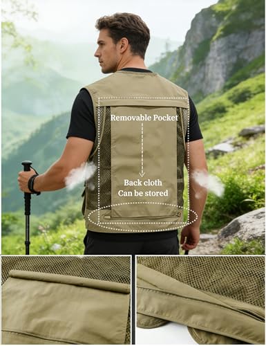 Men's Lightweight Mesh Fishing Vest Utility Outdoor Multi-Pocket Hunting Cargo Vest - color: Khaki, size: 3X-Large