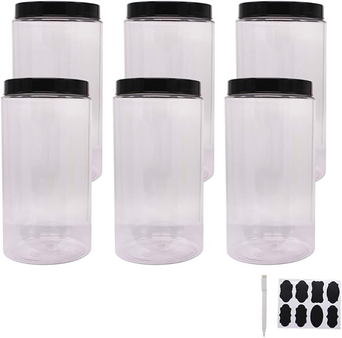 zmybcpack 6 Pack 40 oz Plastic Jars With Lids, Extra Labels, 1 Pen, Clear PET Seal Jar for Food Storage,Wide Opening Storage jar for Dry Food, Peanut, Powder, Kitchen & Craft Storage