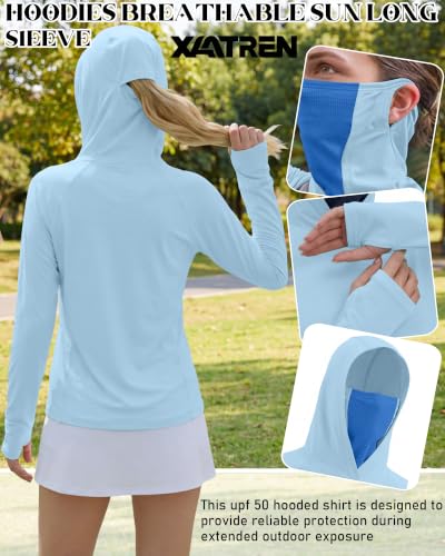 Xaatren 3 Pack Women's UPF 50+ Sun Hoodies with Face Mask Thumb Holes Quick Dry Fishing Shirts UV Protection Hiking Shirt - color: Purple, Blue, White, size: Medium