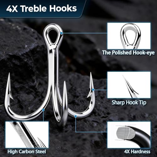 9KM DWLIFE Treble Hooks 4X High Carbon Steel Triple Hooks Fishing Hooks for Big Salmon Trout Bluefish Catfish Hooks 10 pcs - color: Black, size: 2#
