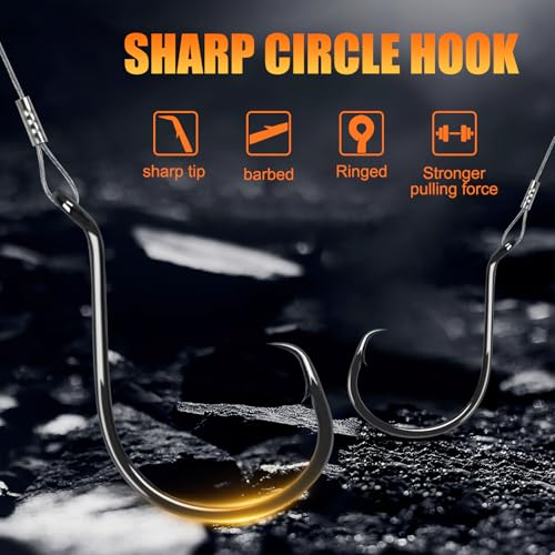 Circle Hooks Rigs, 15pcs Fishing Leader Rigs with Steel Leader Wire and Circle Hooks 1/0 2/0 3/0 4/0 5/0 6/0 7/0 8/0 9/0 10/0 for Bass, Catfish Fishing - size: 2/0