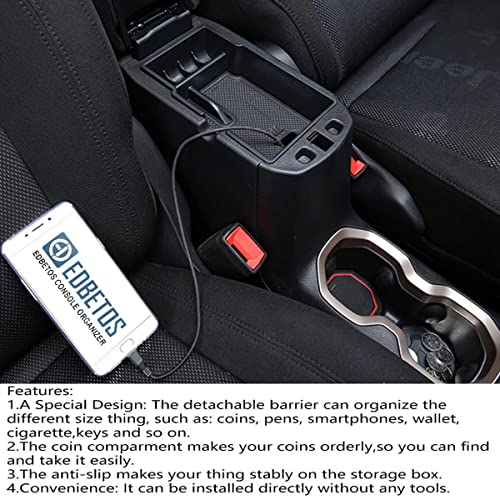EDBETOS Center Console Organizer Tray Compatible with Jeep Renegade Accessories 2015-2019 2020 2021 2022 2023 Armrest Glove Box Secondary Storage (Black Trim) - color: Black