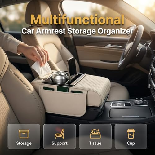 5 in 1 Car Center Console Cover, Car Armrest Cover with Cup Holder, Storage Pockets, Tissue Box Slot, Phone Holder, Car Interior Accessories (White) - color: White