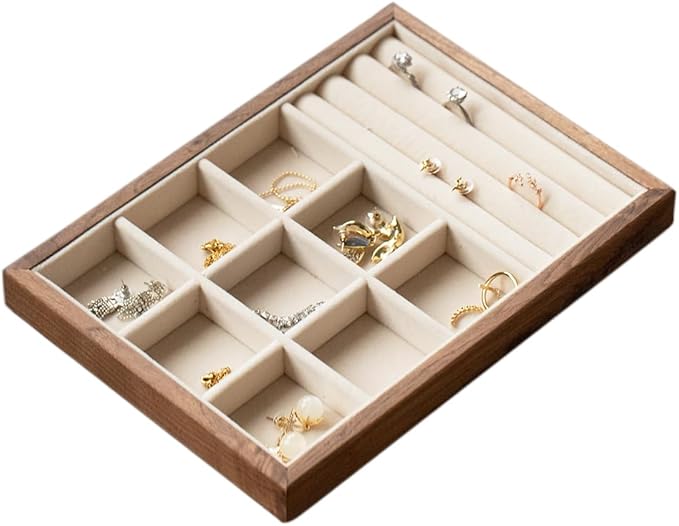 9 Grid +3 Line Black Walnut Wooden Jewelry Tray Organizer with Velvet Lining - Premium Jewelry Storage for Rings, Earrings, Brooches, LuxuryJewelry Drawer Organizer & Display Tray