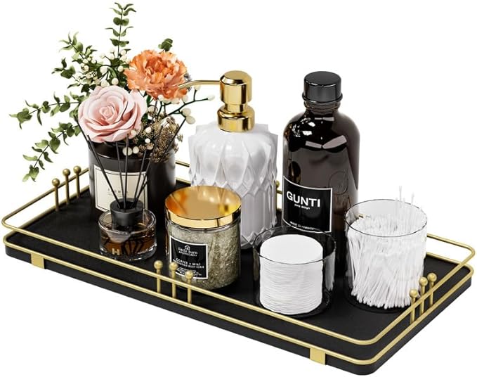 Toilet Paper Basket, Bathroom Basket for Counter Toiletries Towel Decor, Toilet Tank Tray, Guest Back of Toilet Organizer Storage, Vanity Tray for Perfume Makeup, Kitchen 13”x6.5” Black-Gold